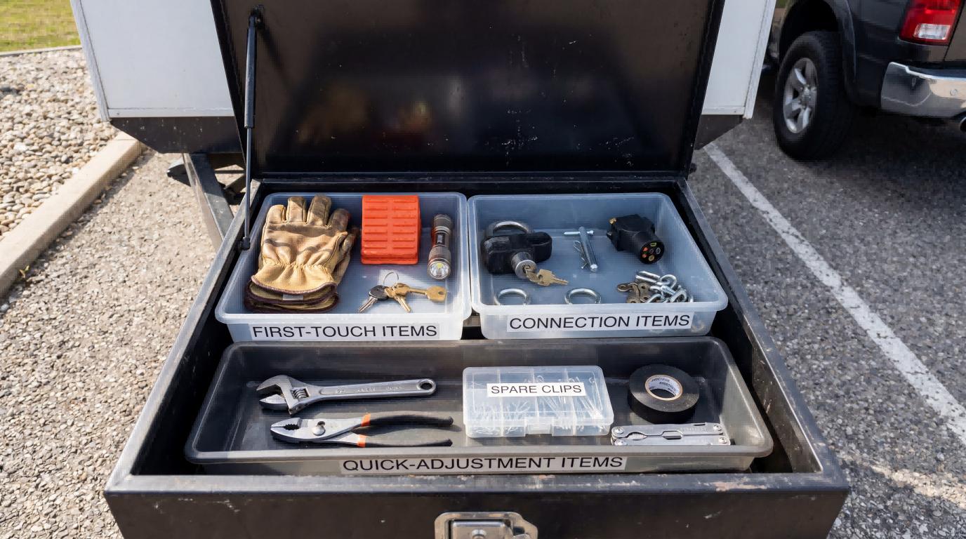 Trailer front-end setup kit organized in labeled trays for first-touch items, connection items, and quick-adjustment tools inside a trailer tongue box